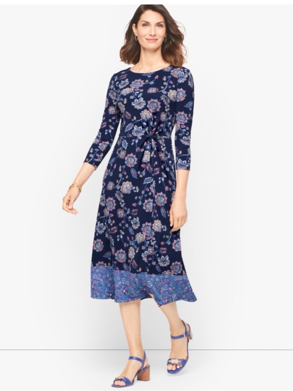 Talbots Front Twist Jersey Midi Dress 3/4 Sleeve Blue and Pink Floral Print Sz 8